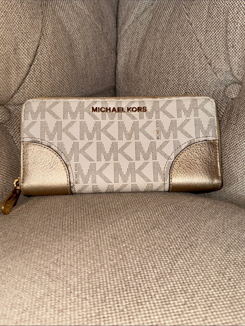Michael Kors Cream Monogram Zip Wallet with Gold Accents